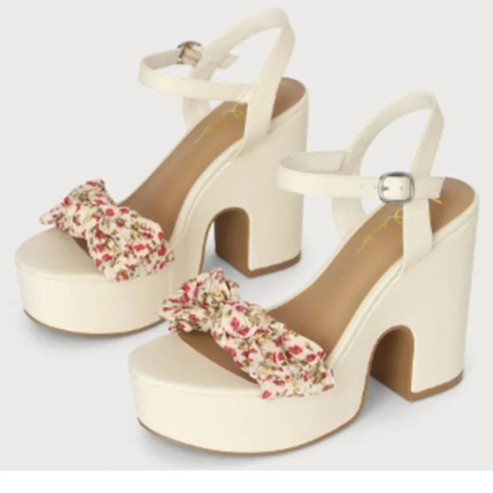 Lulu's Cream Floral Strap Platform Heels